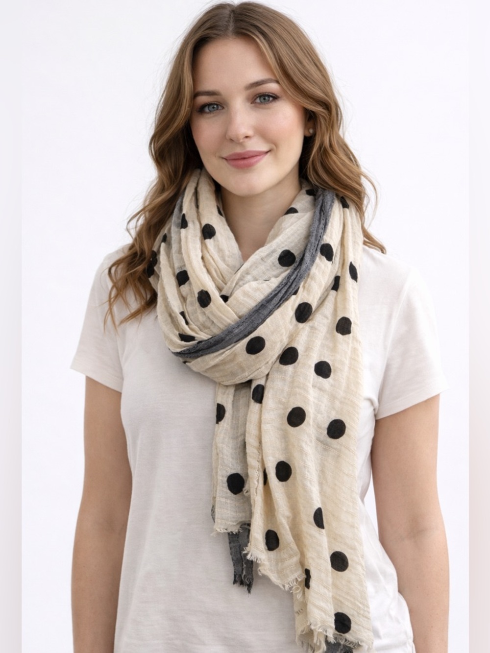 Large Pale Yellow with Black Polka Dots Scarf with Fringe